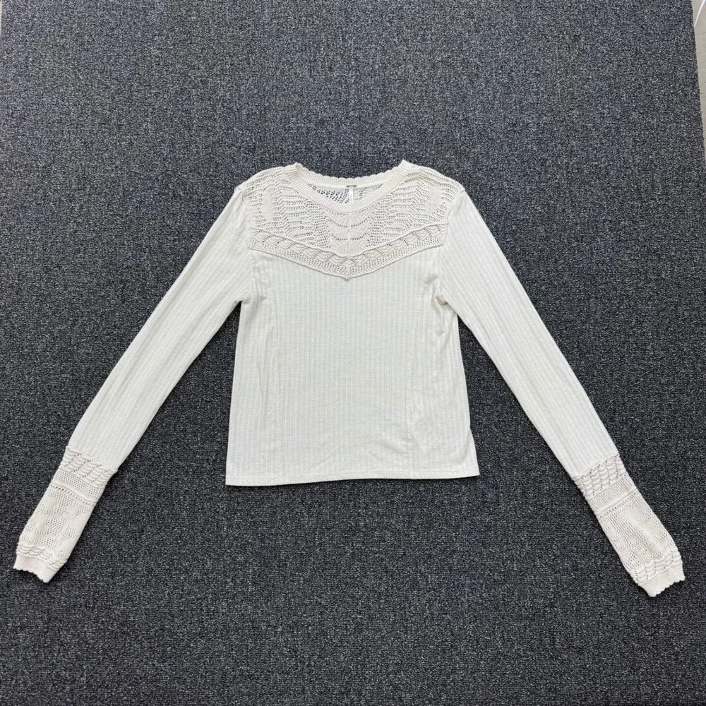 Free People Crochet Lace Ribbed Top Womens XS Cream good boho layering